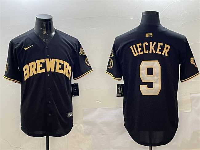 Men%27s Milwaukee Brewers #9 Bob Uecker Black Gold With Home Patch Limited Stitched Jersey->los angeles dodgers->MLB Jersey